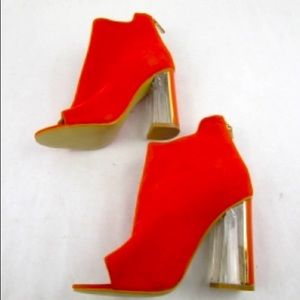 Women’s Faux Suede Bright Orange/Red Boots with Clear Lucite Heels Size 6